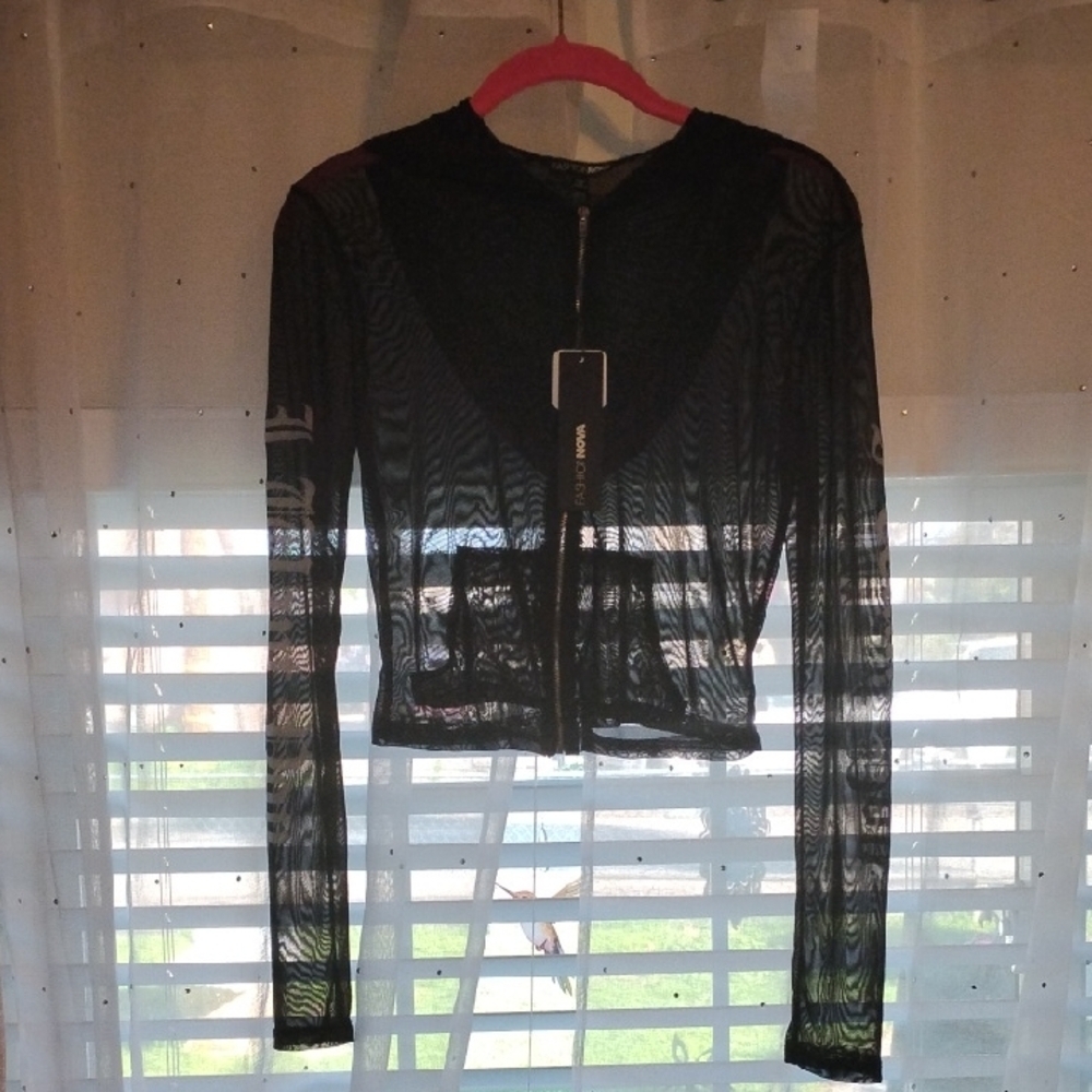 Fashion Nova Black Sheer Zip-Front Long Sleeve Blouse, Size: M, NWT